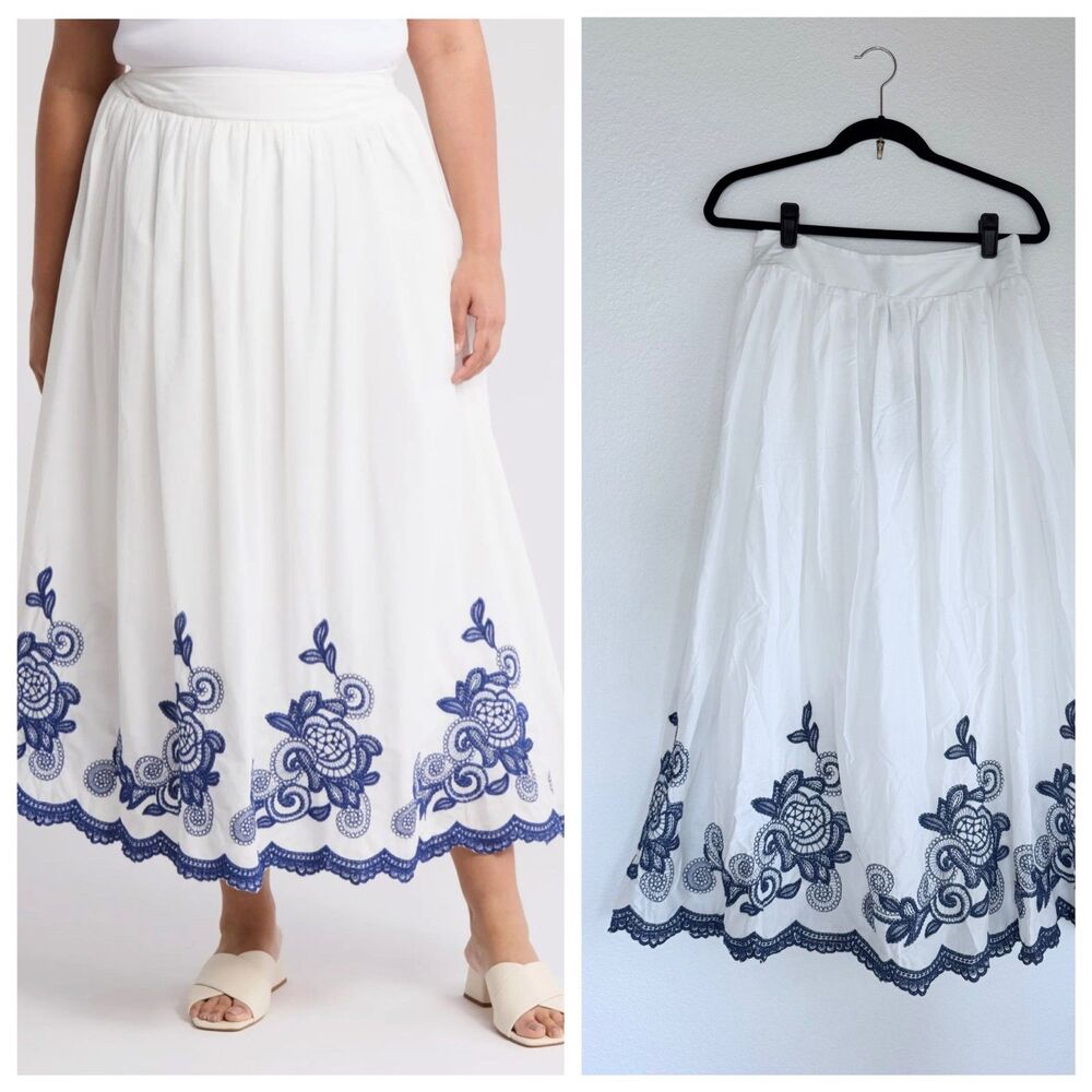 NWT LIV Los Angeles Boho Embroidered Cotton Maxi Skirt in White & Blue Size M